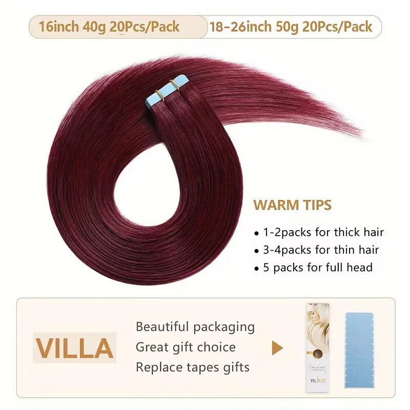 Tape in Hair Extensions Human Hair Wine Red 20 inches 20pcs 50 Grams Per Pack Burgundy Straight Tape in Real Hair Extension