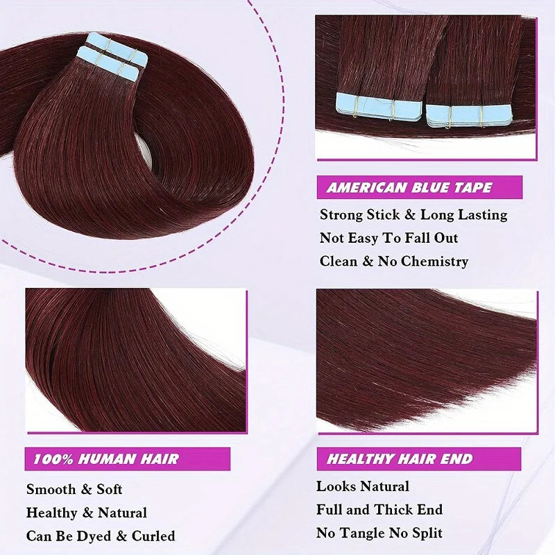 Tape in Hair Extensions Human Hair Wine Red 20 inches 20pcs 50 Grams Per Pack Burgundy Straight Tape in Real Hair Extension