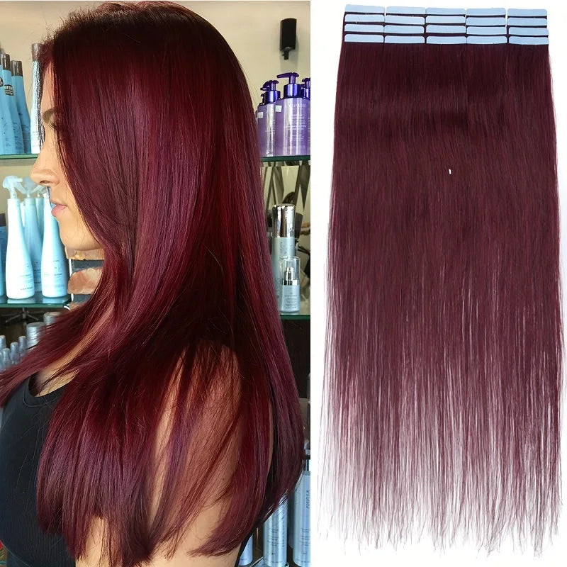 Tape in Hair Extensions Human Hair Wine Red 20 inches 20pcs 50 Grams Per Pack Burgundy Straight Tape in Real Hair Extension
