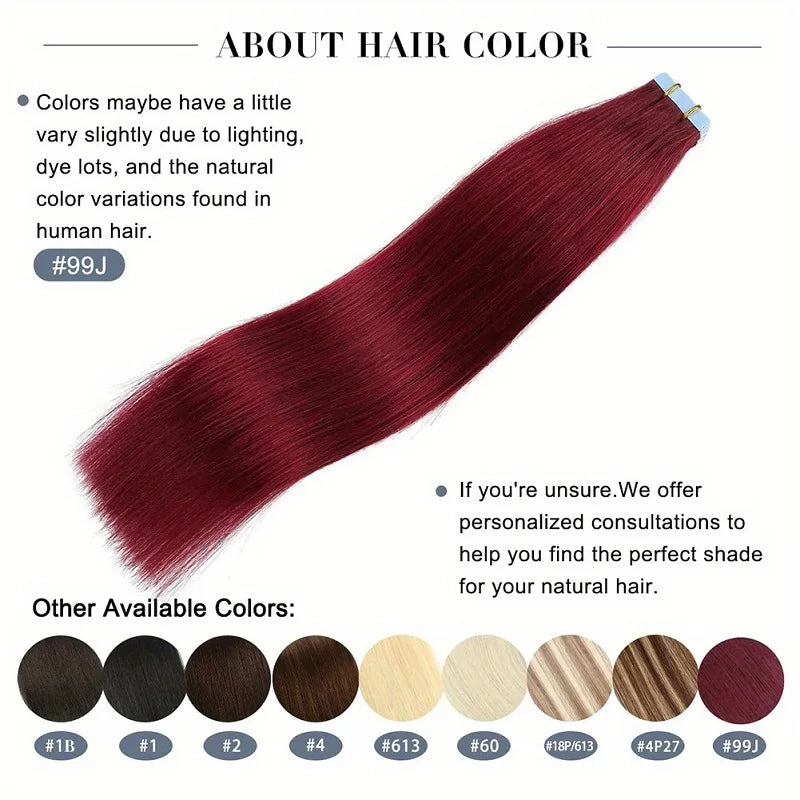 Tape in Hair Extensions Human Hair Wine Red 20 inches 20pcs 50 Grams Per Pack Burgundy Straight Tape in Real Hair Extension