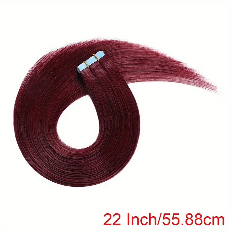 Tape in Hair Extensions Human Hair Wine Red 20 inches 20pcs 50 Grams Per Pack Burgundy Straight Tape in Real Hair Extension