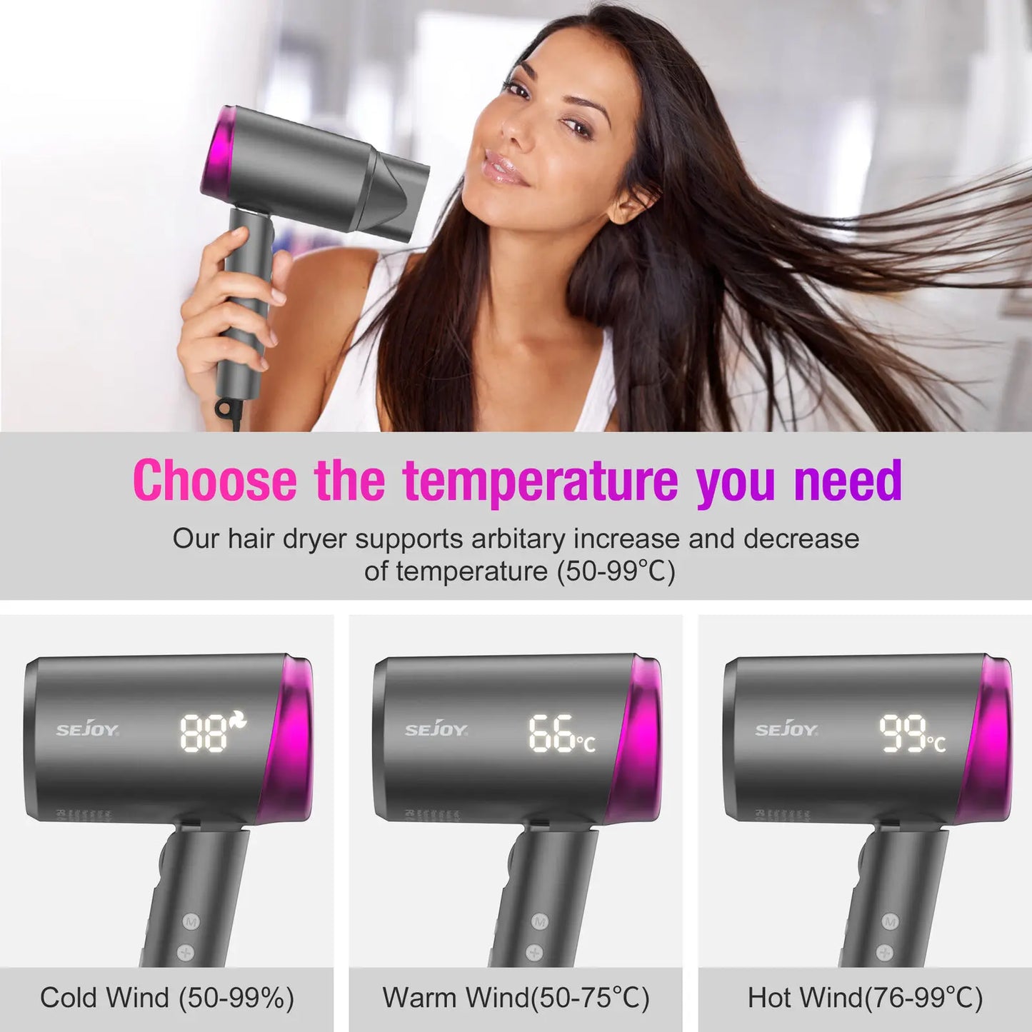SEJOY Ionic Hair Dryers LED Display AnionTechnology Portable Lightweight Blow Dryer Airflow Salon