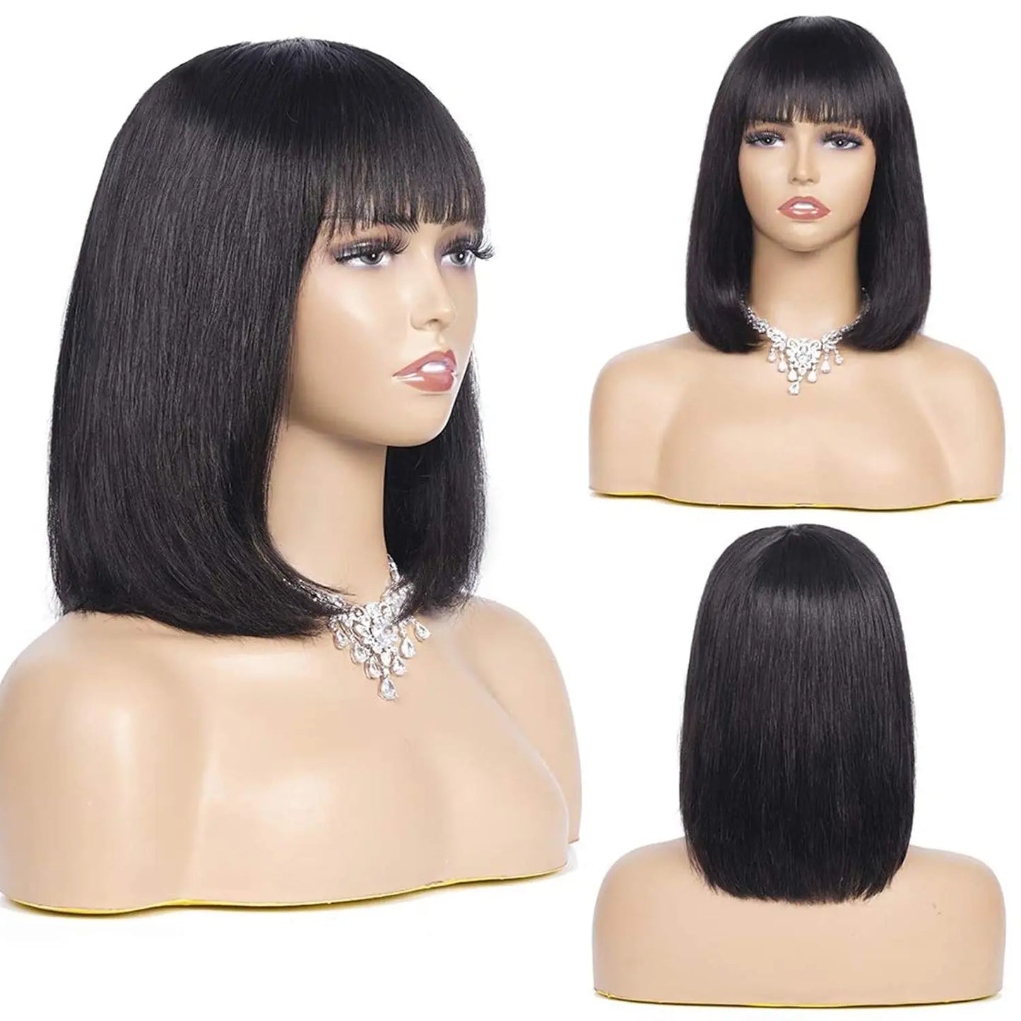 14 Inch Short Black Bob Wig with Bangs Human Hair Yaki Straight Bang Bob Wig Glueless Scalp Bob Bang Wig For Black Women