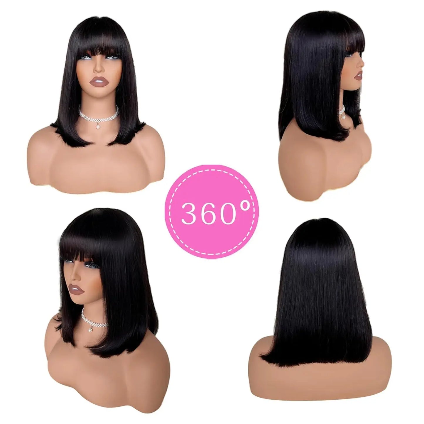 14 Inch Short Black Bob Wig with Bangs Human Hair Yaki Straight Bang Bob Wig Glueless Scalp Bob Bang Wig For Black Women