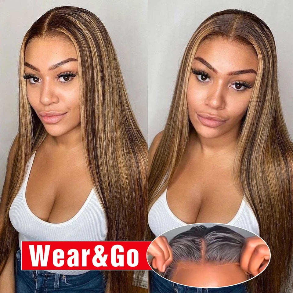 Glueless Highlight Wig Human Hair Ready To Wear And Go Preplucked Ombre Colored Straight 13x6 HD Lace Frontal Wigs For Women 200