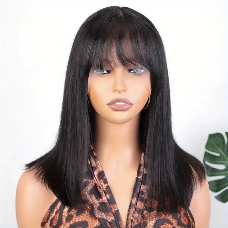 14 Inch Short Black Bob Wig with Bangs Human Hair Yaki Straight Bang Bob Wig Glueless Scalp Bob Bang Wig For Black Women