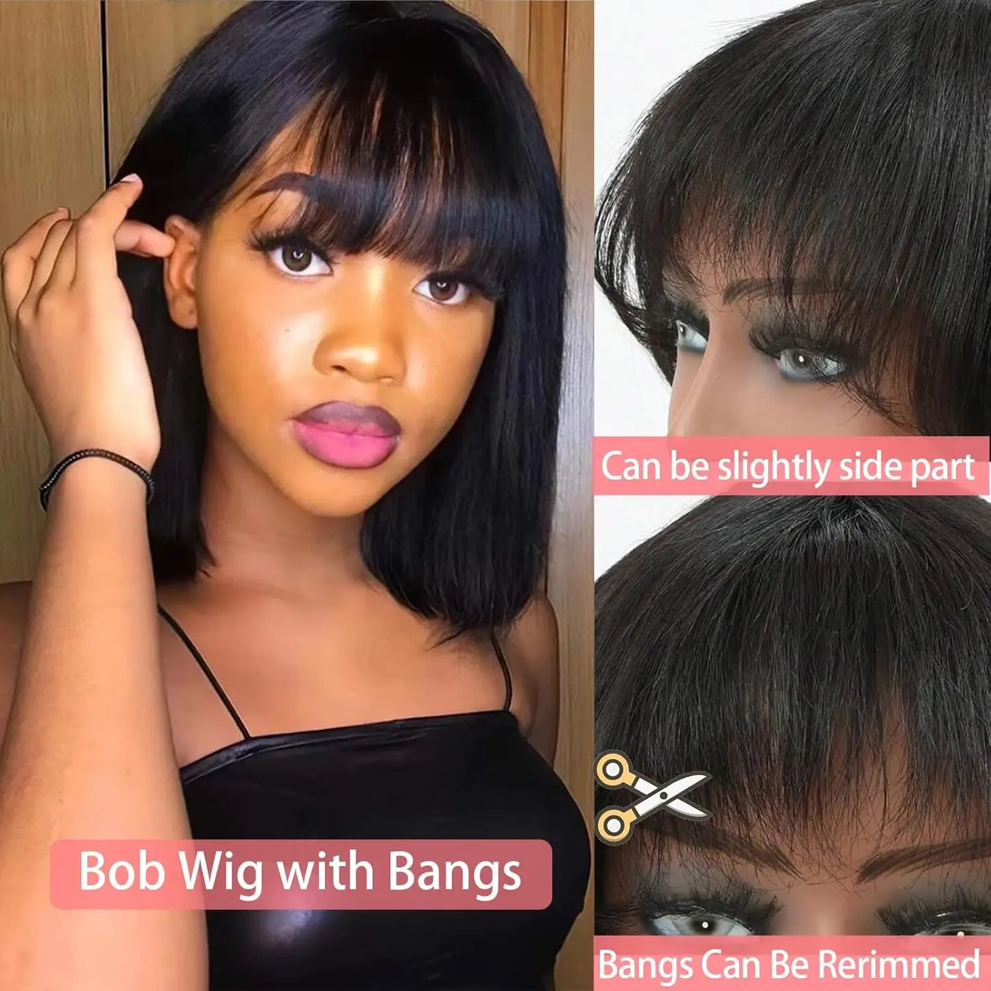 14 Inch Short Black Bob Wig with Bangs Human Hair Yaki Straight Bang Bob Wig Glueless Scalp Bob Bang Wig For Black Women