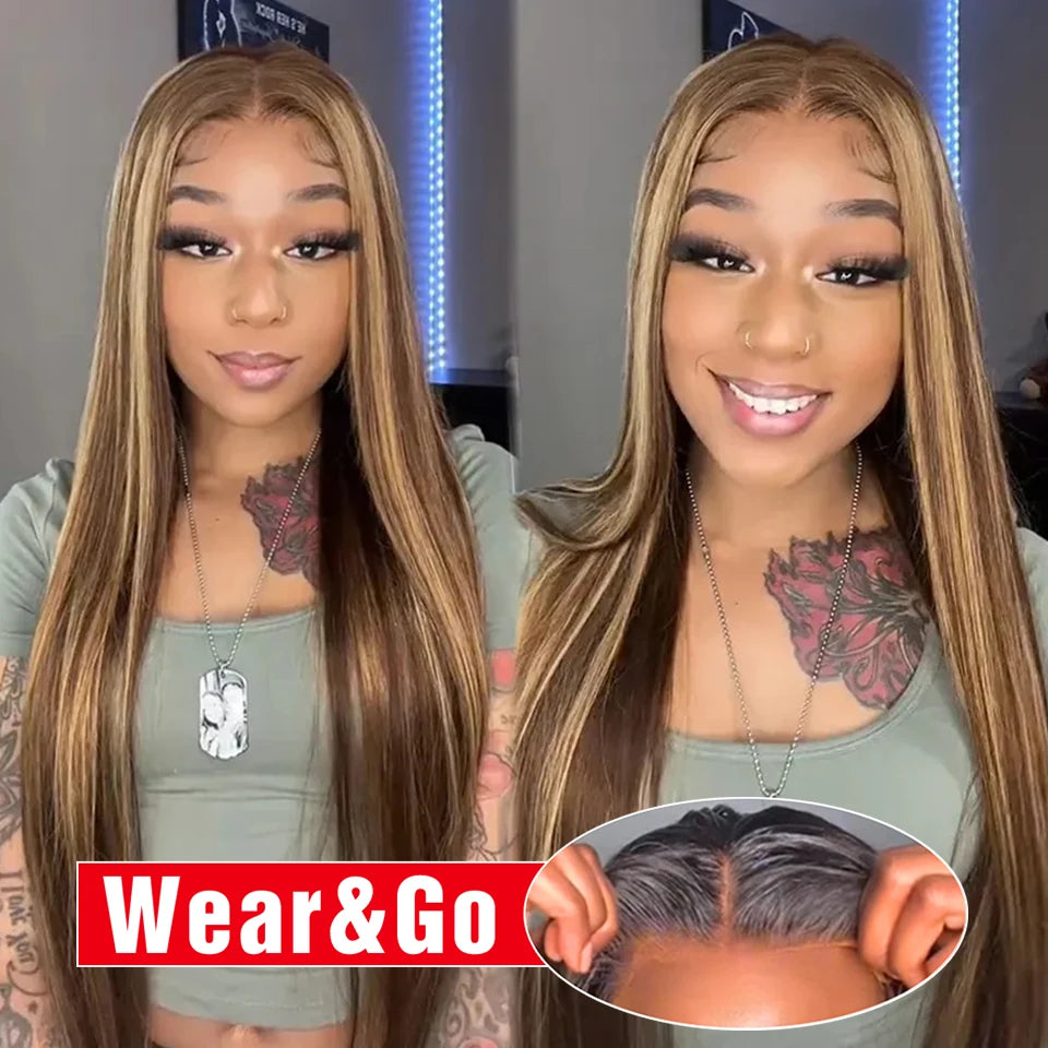 Glueless Highlight Wig Human Hair Ready To Wear And Go Preplucked Ombre Colored Straight 13x6 HD Lace Frontal Wigs For Women 200