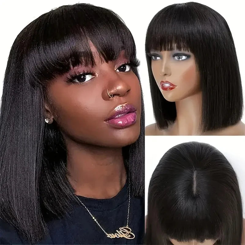 14 Inch Short Black Bob Wig with Bangs Human Hair Yaki Straight Bang Bob Wig Glueless Scalp Bob Bang Wig For Black Women