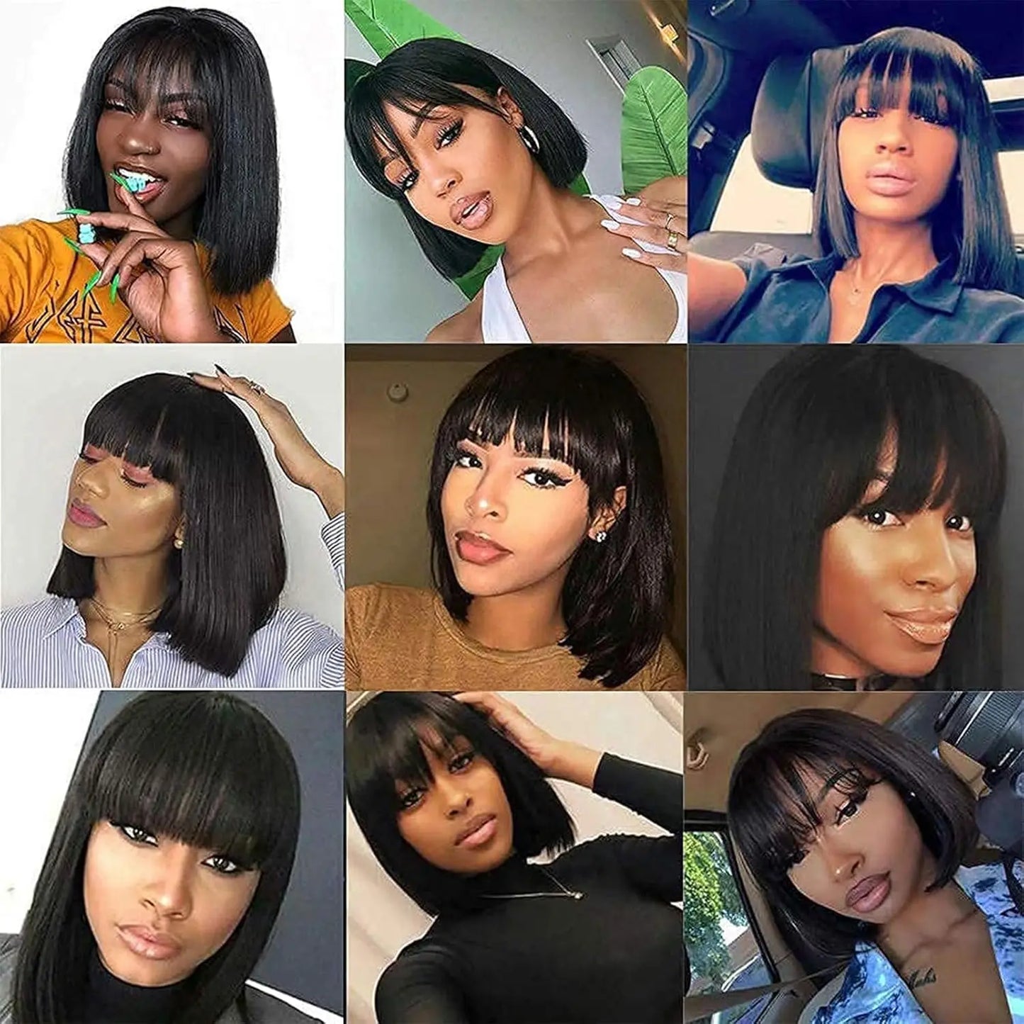 14 Inch Short Black Bob Wig with Bangs Human Hair Yaki Straight Bang Bob Wig Glueless Scalp Bob Bang Wig For Black Women