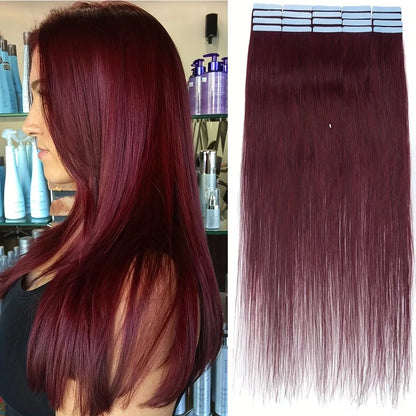 Tape in Hair Extensions Human Hair Wine Red 20 inches 20pcs 50 Grams Per Pack Burgundy Straight Tape in Real Hair Extension