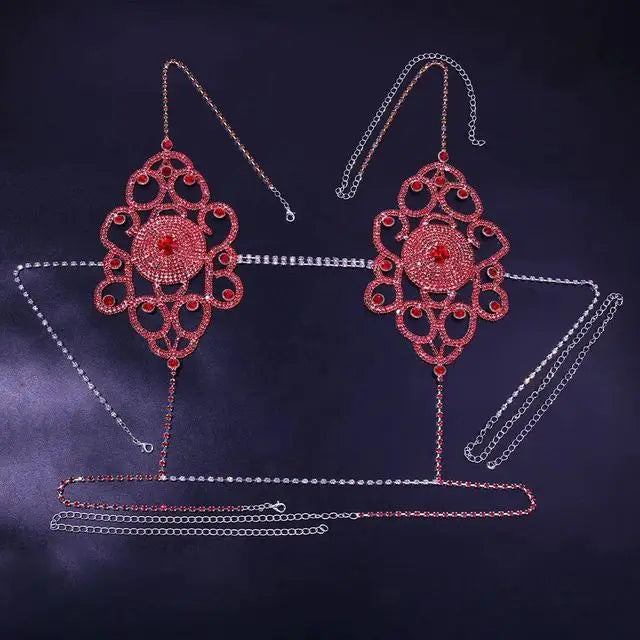 Stonefans Two Piece Sexy Red Lingerie Set Exotic Lady Bra Thong Waist Chain Chest Underwear Set Women Lingerie Decorations Party