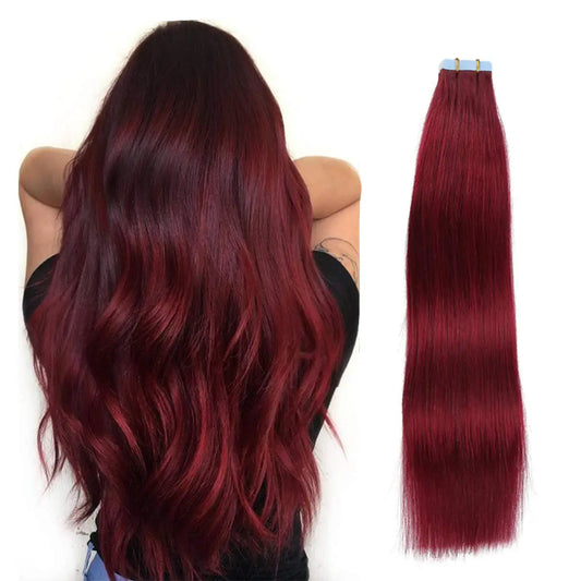 Tape in Hair Extensions Human Hair Wine Red 20 inches 20pcs 50 Grams Per Pack Burgundy Straight Tape in Real Hair Extension
