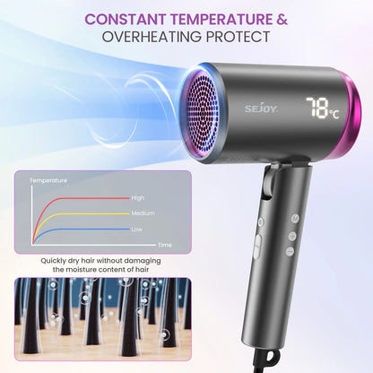SEJOY Ionic Hair Dryers LED Display AnionTechnology Portable Lightweight Blow Dryer Airflow Salon