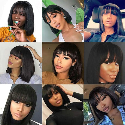 14 Inch Short Black Bob Wig with Bangs Human Hair Yaki Straight Bang Bob Wig Glueless Scalp Bob Bang Wig For Black Women