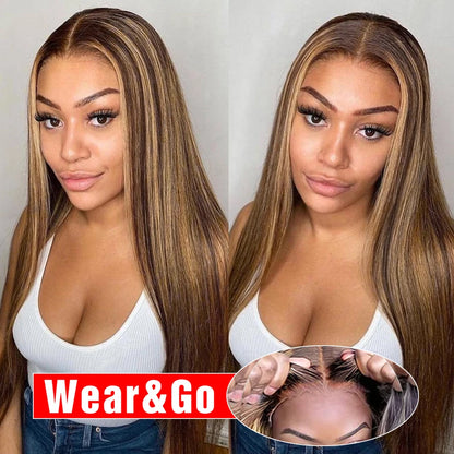 Glueless Highlight Wig Human Hair Ready To Wear And Go Preplucked Ombre Colored Straight 13x6 HD Lace Frontal Wigs For Women 200