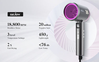 SEJOY Ionic Hair Dryers LED Display AnionTechnology Portable Lightweight Blow Dryer Airflow Salon